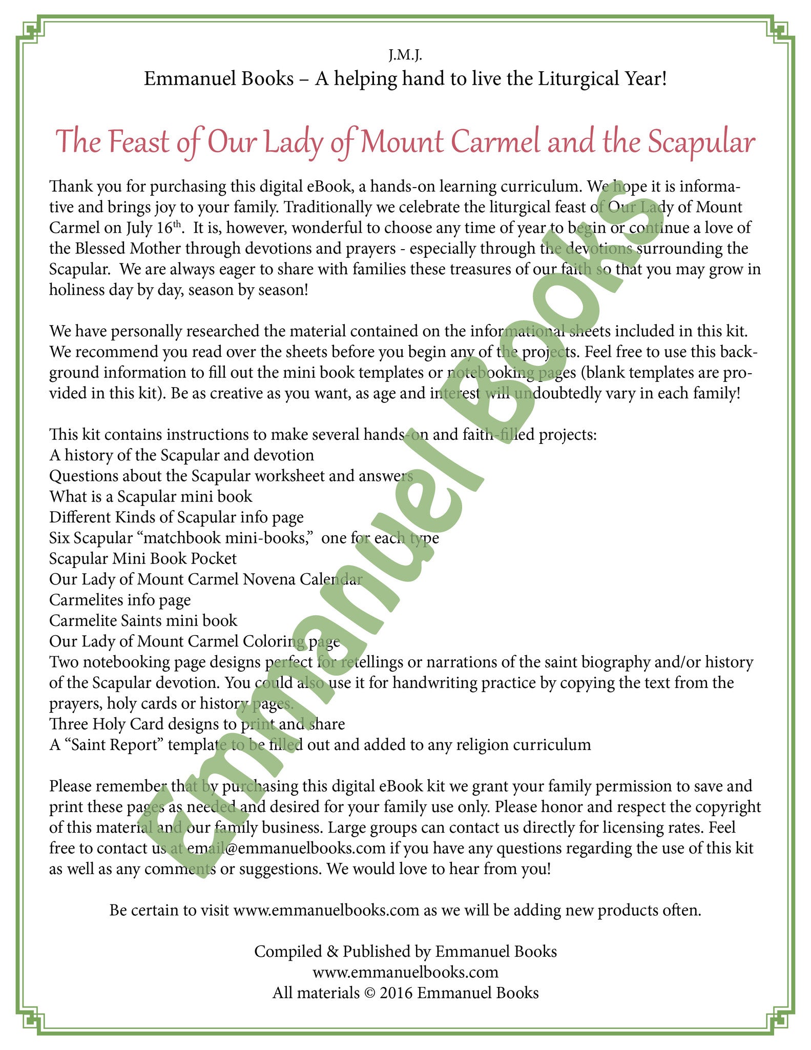 Our Lady of Mount Carmel and the Scapular Activity Packet Download